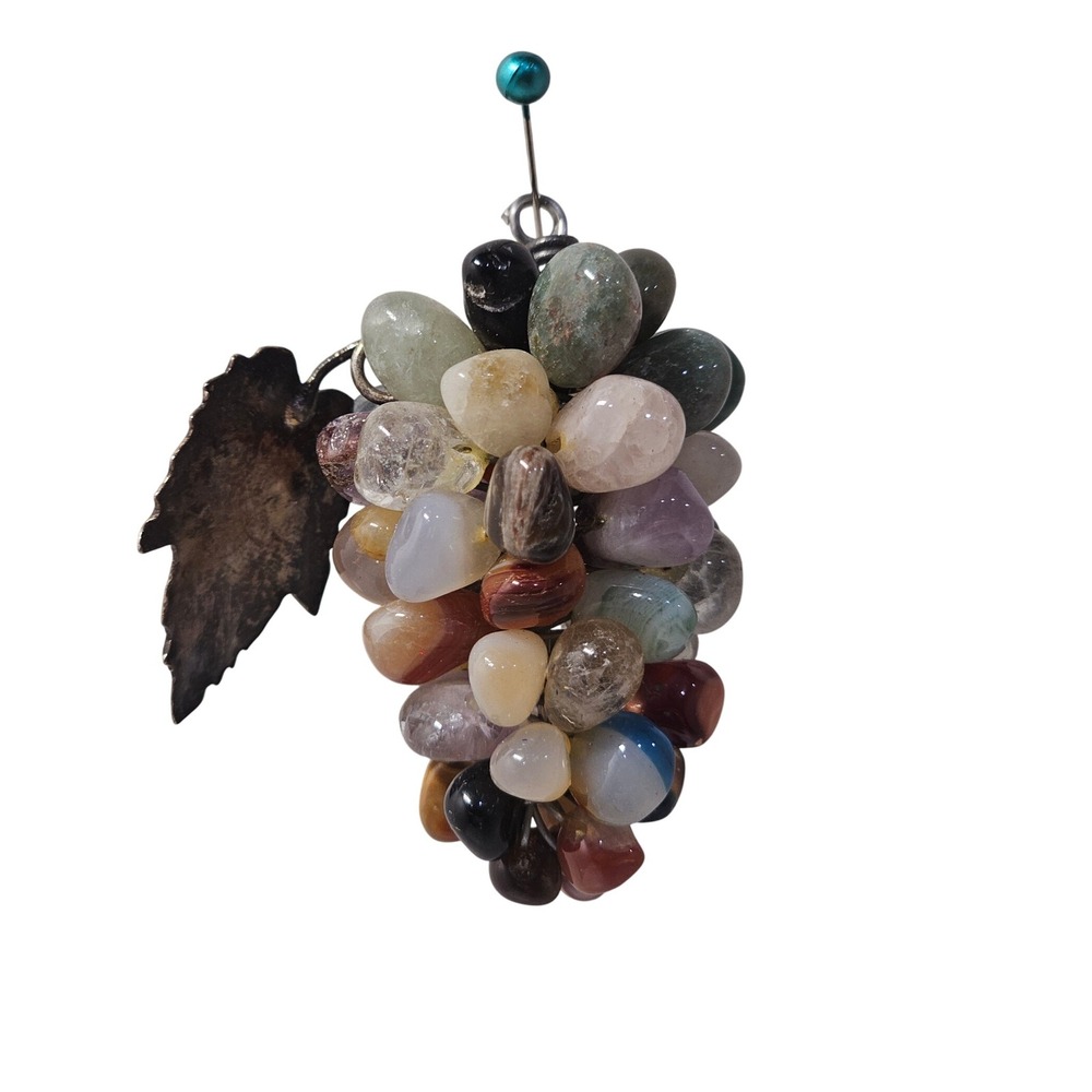 Gemstone Grape Cluster Ornament Pendant Hanging Art Vintage Metal Leaf‎